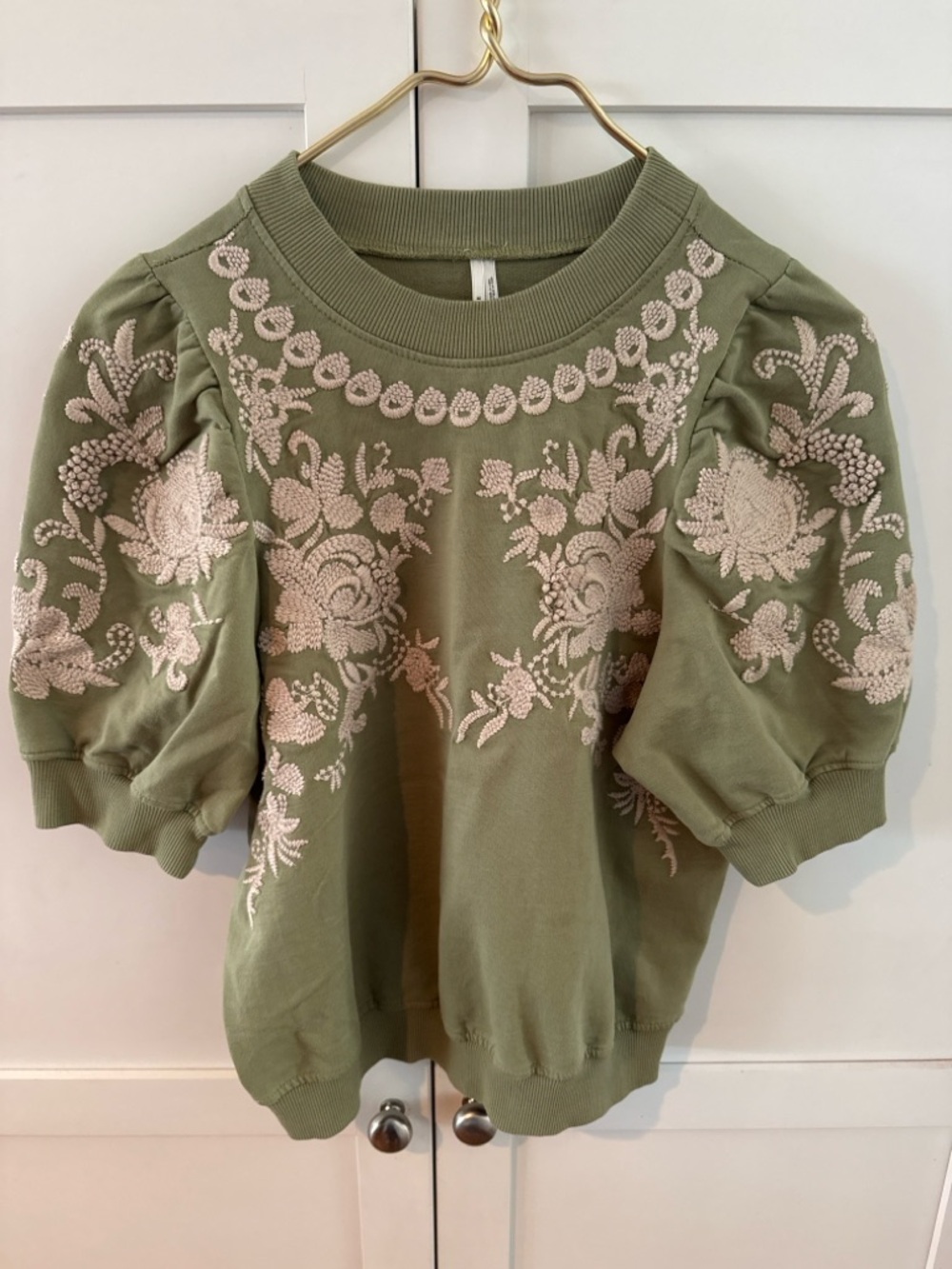 Anthropologie Olive Green Puff Sleeve Embroidered Sweatshirt